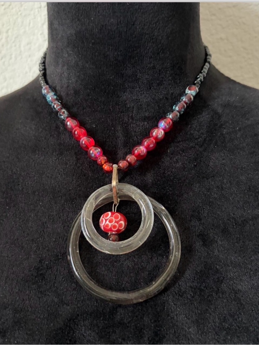 Red Beaded Glass Necklace with Clear Double-Ring Pendant